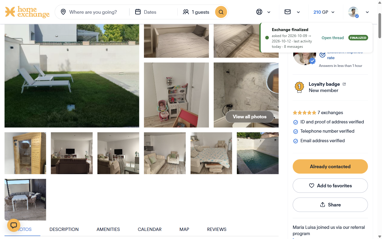 A HomeExchange listing page showing the expanded photo grid added by the extension.