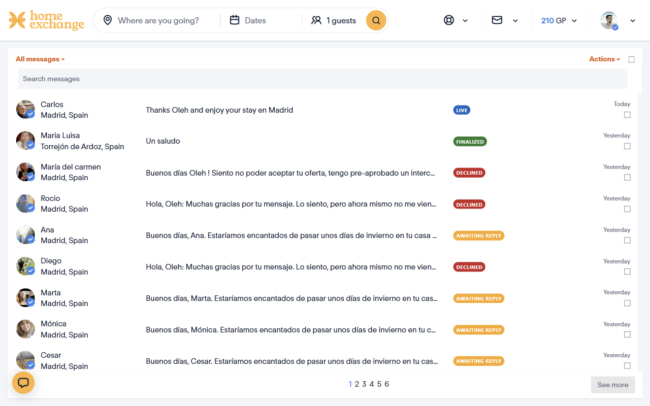 The HomeExchange message list with coloured tags marking each conversation as declined, awaiting reply, live or finalized.