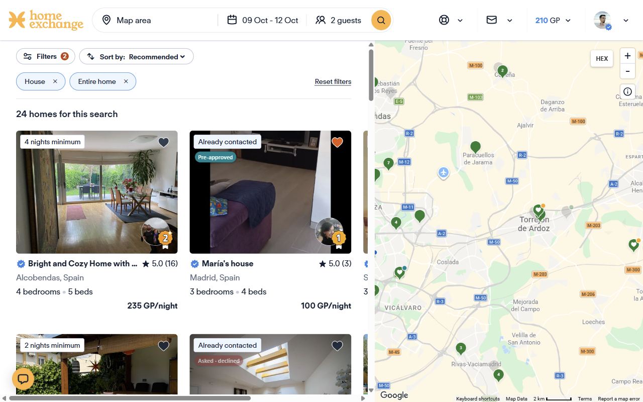 HomeExchange map search results with colour-coded availability markers on the map.
